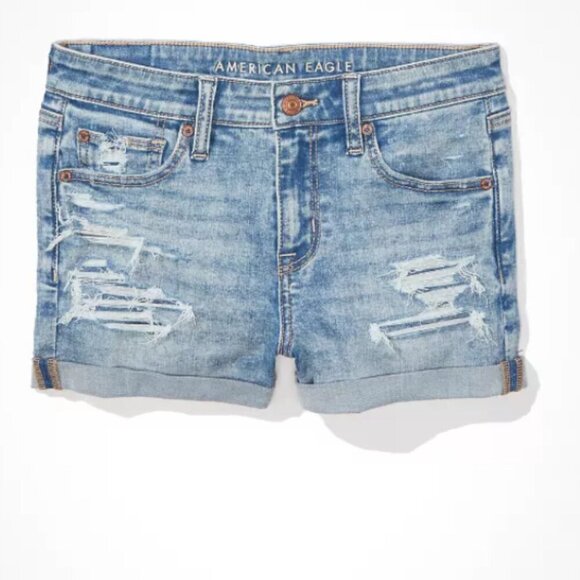 AE American Eagle hi rise shortie  denim shorts destructed next level stretch 2 - Picture 1 of 13